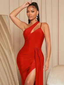 SHEIN SXY Một bờ vai khăn choàng Tách đùi Đầm - Đỏ - Xem 5