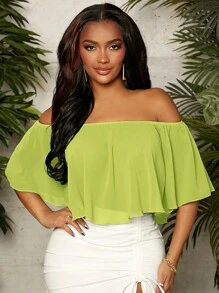 SHEIN SXY Áo sơ mi nữ Xù màu trơn Giải trí - Màu xanh chanh - Xem 5