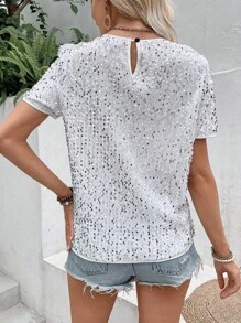 SHEIN LUNE 亮片圆领衬衫，适合节日派对服装，女士派对上衣 - 白色 - 查看 2