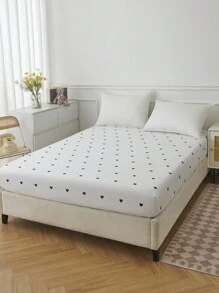 1pc Polyester White Fitted Sheet With Black Heart Pattern, Single Bed Size - White - View 2