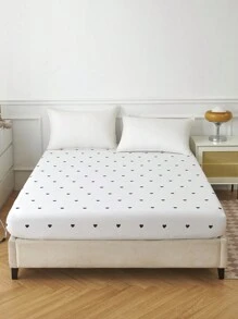 1pc Polyester White Fitted Sheet With Black Heart Pattern, Single Bed Size - White - View 4