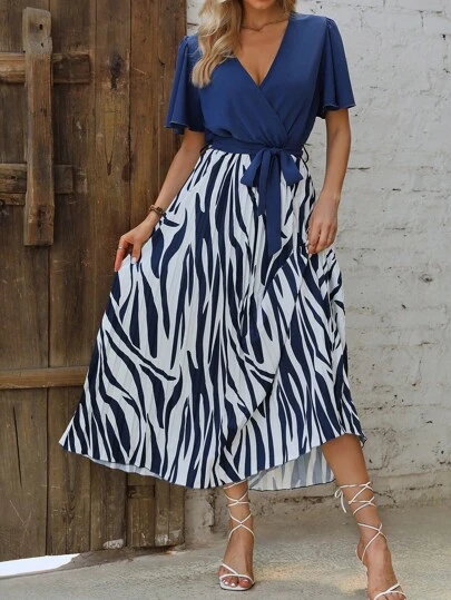 SHEIN LUNE Zebra Striped Print Butterfly Sleeve Belted Dress