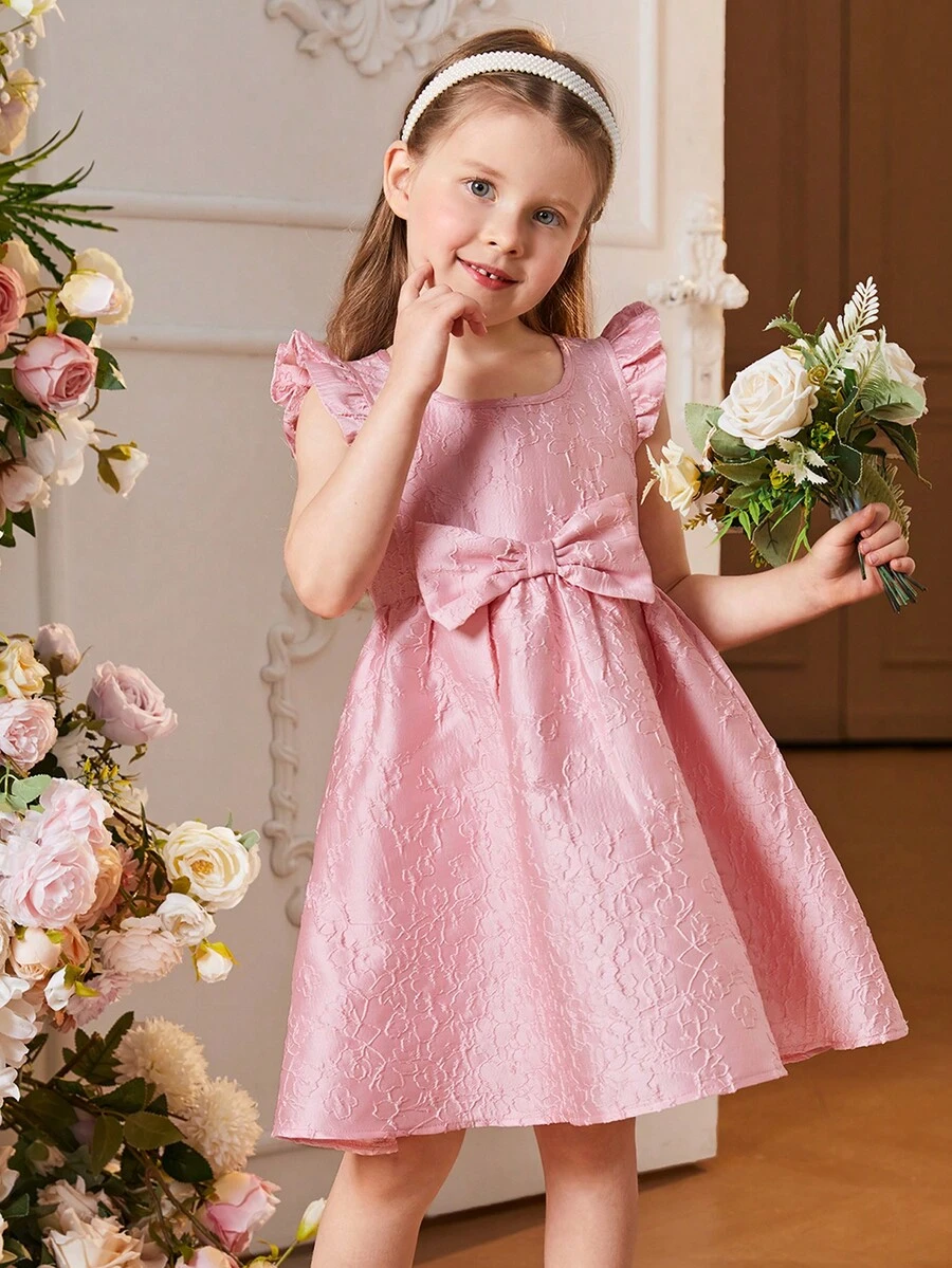 SHEIN Toddler Girls' Gorgeous jacquard Fabric Dress With Large Bowknot - Dusty Pink - View 1