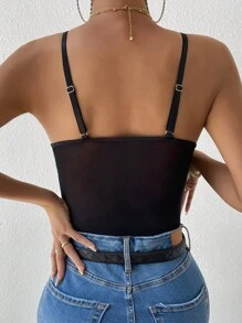 SHEIN Privé 印花蕾絲拼接吊帶連體衣 - 黑色 - 查看 2