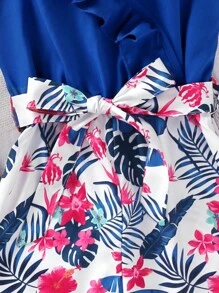 SHEIN 女孩熱帶圖案荷葉邊腰帶吊帶連體褲 - 藍白色 - 查看 4