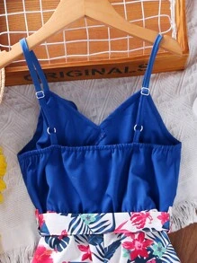 SHEIN 女孩熱帶圖案荷葉邊腰帶吊帶連體褲 - 藍白色 - 查看 5