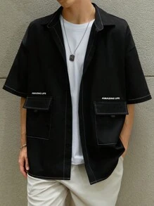 Manfinity Hypemode 男士寬鬆字母圖形翻蓋口袋下肩襯衫