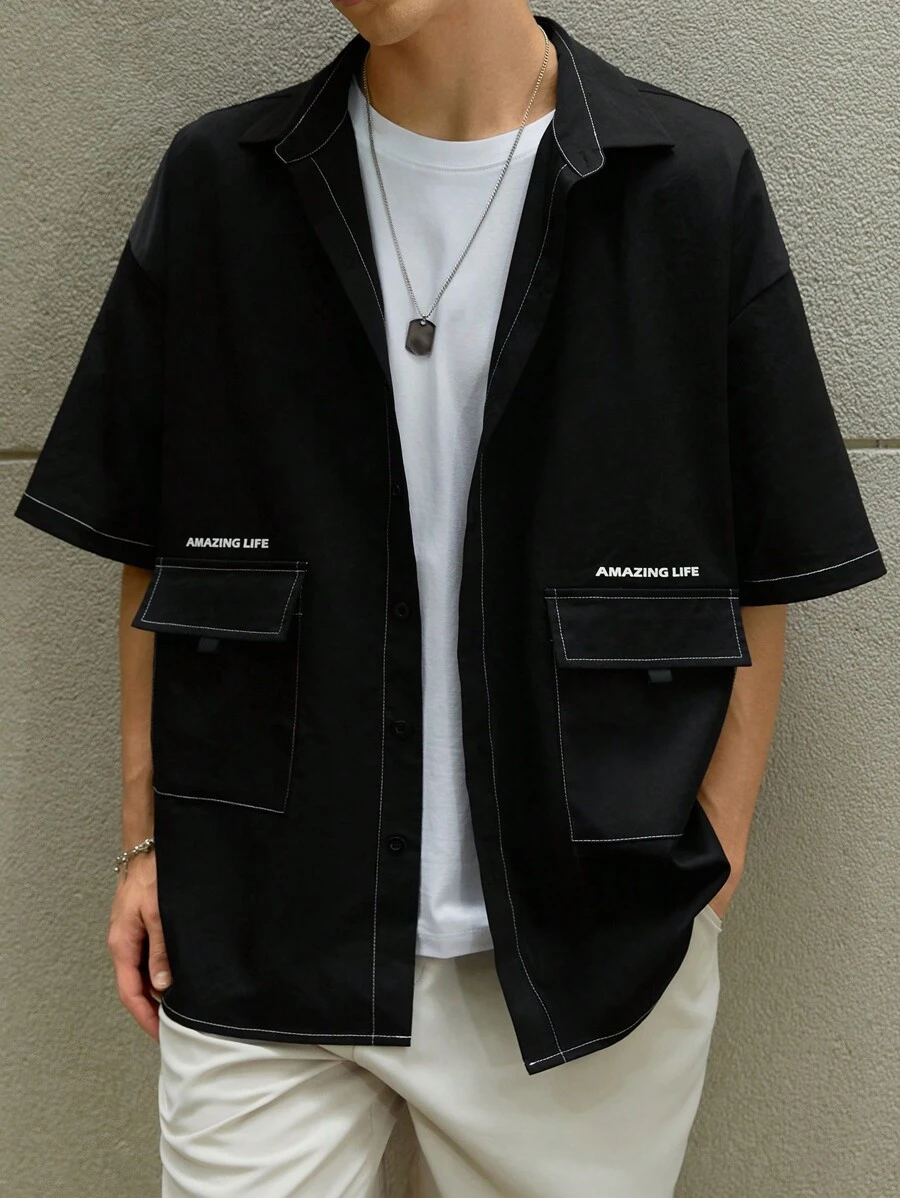 Manfinity Hypemode 男士寬鬆字母圖形翻蓋口袋下肩襯衫