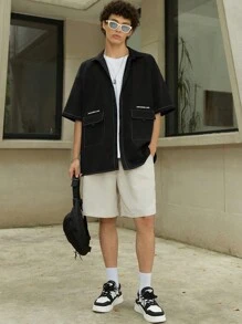 Manfinity Hypemode 男士寬鬆字母圖形翻蓋口袋下肩襯衫