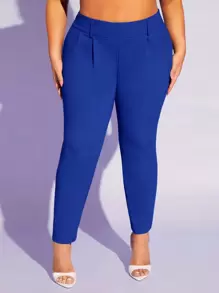 SHEIN SXY Quần Plus Size Dây kéo màu trơn Thanh lịch - Xanh đậm - Xem 1