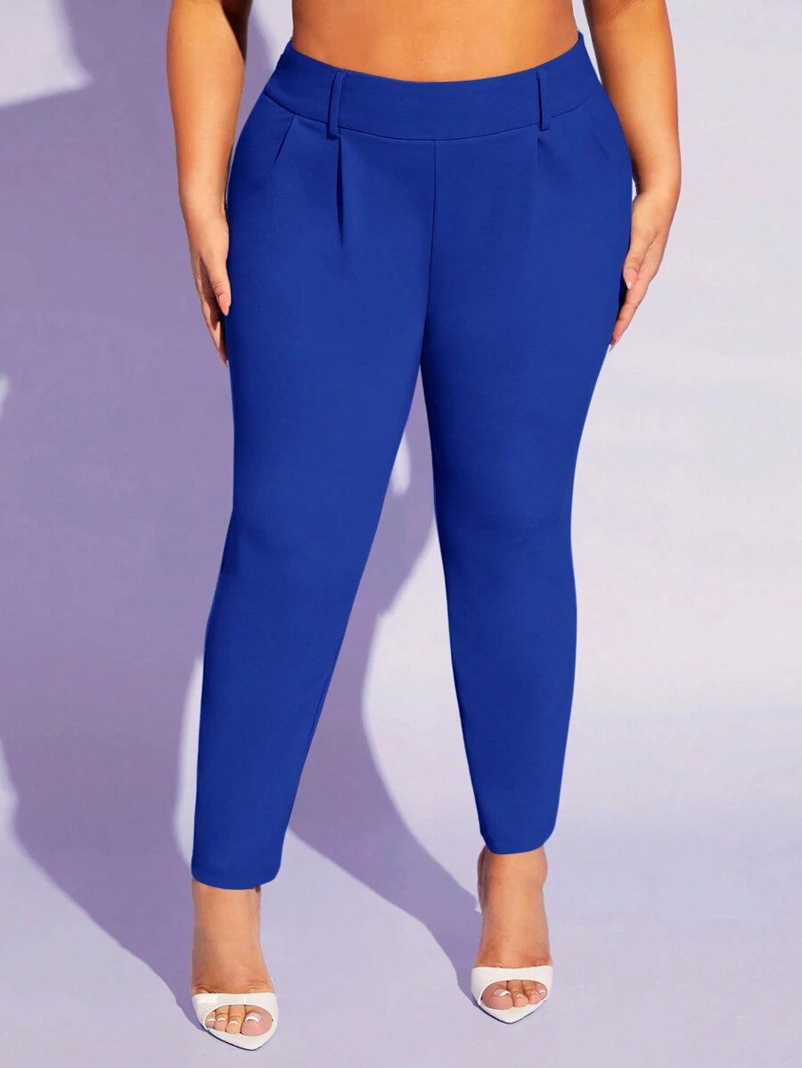 SHEIN SXY Quần Plus Size Dây kéo màu trơn Thanh lịch - Xanh đậm - Xem 1