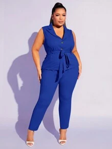 SHEIN SXY Quần Plus Size Dây kéo màu trơn Thanh lịch - Xanh đậm - Xem 3