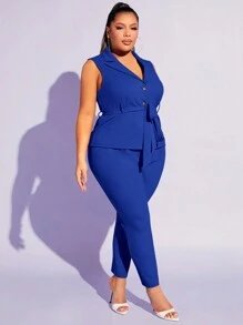 SHEIN SXY Quần Plus Size Dây kéo màu trơn Thanh lịch - Xanh đậm - Xem 4