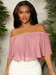 SHEIN SXY 素色一字肩襯衫 - 藕粉色 - 查看 1