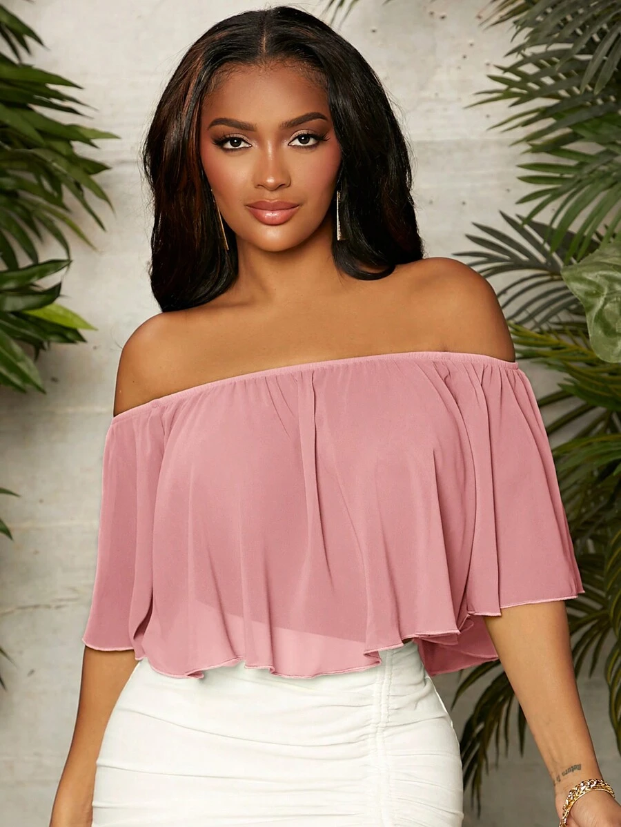 SHEIN SXY 素色一字肩襯衫 - 藕粉色 - 查看 1