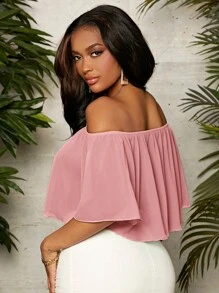 SHEIN SXY 素色一字肩襯衫 - 藕粉色 - 查看 2