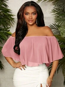 SHEIN SXY 素色一字肩襯衫 - 藕粉色 - 查看 3