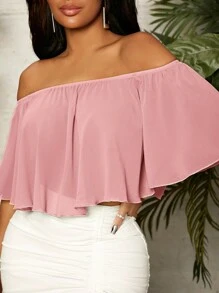 SHEIN SXY 素色一字肩襯衫 - 藕粉色 - 查看 6