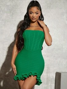 SHEIN SXY Vestido ajustado tubo bajo con fruncido - Verde - Ver 3