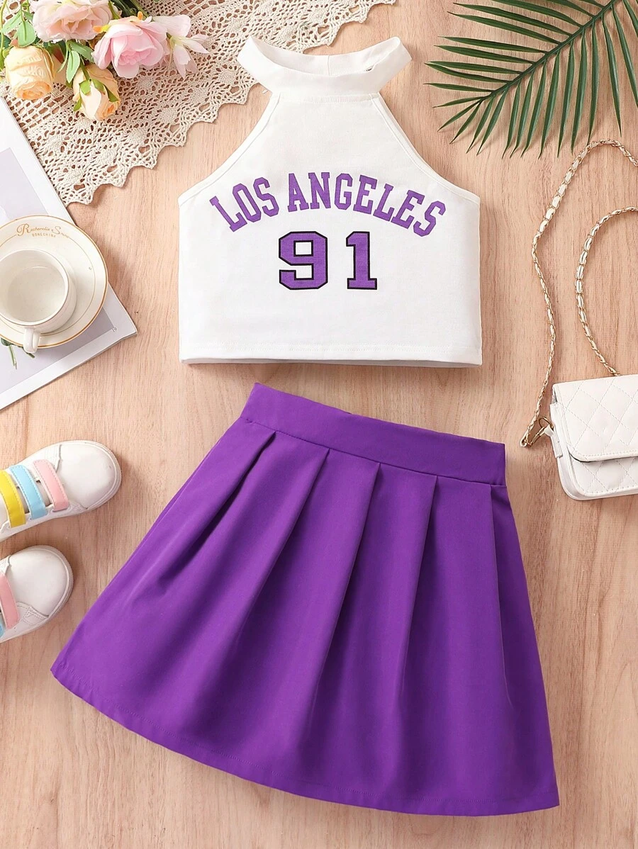 SHEIN Bộ hai mảnh Gái Xếp li Lá thư Giải trí - Nhiều màu - Xem 1