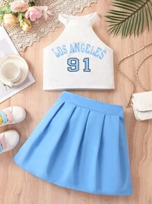 SHEIN Girls Letter Graphic Halter Top & Pleated Skirt Set - Blue - View 1