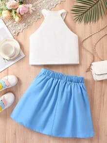 SHEIN Girls Letter Graphic Halter Top & Pleated Skirt Set - Blue - View 2