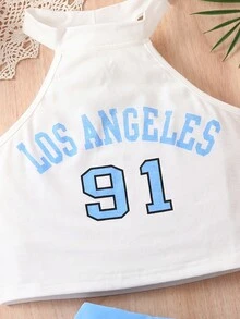 SHEIN Girls Letter Graphic Halter Top & Pleated Skirt Set - Blue - View 4