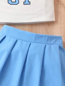 SHEIN Girls Letter Graphic Halter Top & Pleated Skirt Set - Blue - View 5