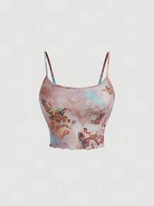 SHEIN MOD Angel Print Lettuce Trim Cami Top - Multicolor - View 1