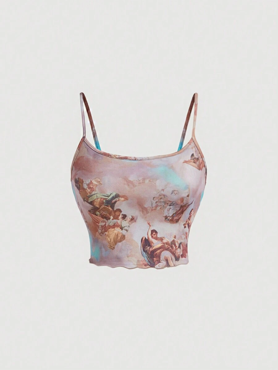 SHEIN MOD Angel Print Lettuce Trim Cami Top - Multicolor - View 1