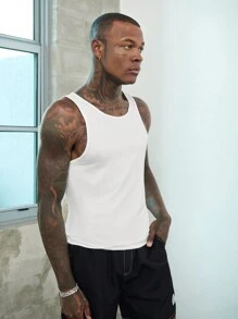 Manfinity Homme 男士棉質純色袖套白色都市基礎款圓領無袖背心，適合與朋友一起穿著 - 白色 - 查看 3