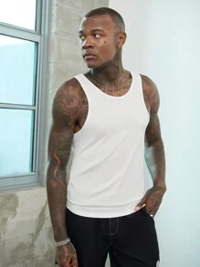 Manfinity Homme 男士棉質純色袖套白色都市基礎款圓領無袖背心，適合與朋友一起穿著 - 白色 - 查看 5