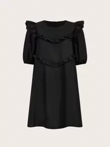 SHEIN MOD Vestido unicolor ribete con fruncido de manga farol - Negro - Ver 1