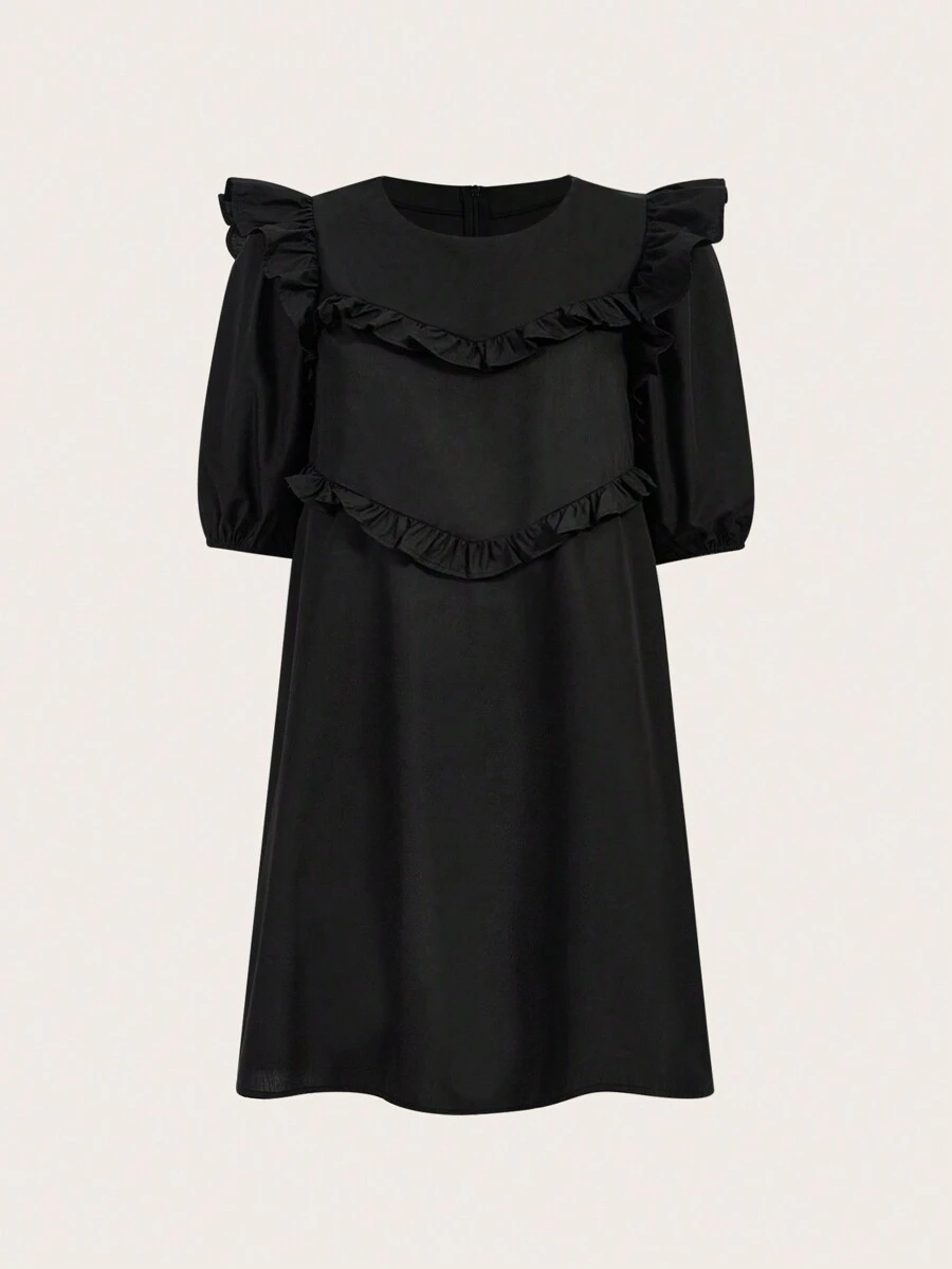 SHEIN MOD Vestido unicolor ribete con fruncido de manga farol - Negro - Ver 1