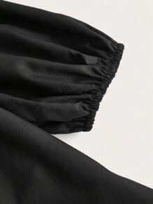 SHEIN MOD Vestido unicolor ribete con fruncido de manga farol - Negro - Ver 3
