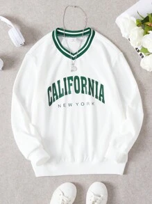 SHEIN Tween Girl Letter Graphic Striped Trim Sweatshirt - White - View 1