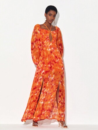 Daniela Ricciardelli Vestido elegante de estilo bohemio y tipo tie-dye con corte y abertura en el muslo, perfecto para vacaciones, primavera y verano, playa, festivales, estilo Ibiza, bodas y bailes de graduación