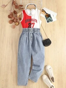 女大童字母圖案雙色背心上衣和紙袋腰牛仔褲 - 彩色 - 查看 5