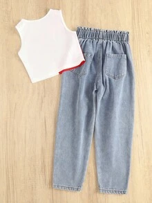 女大童字母圖案雙色背心上衣和紙袋腰牛仔褲 - 彩色 - 查看 2