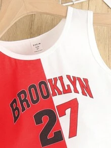 女大童字母圖案雙色背心上衣和紙袋腰牛仔褲 - 彩色 - 查看 4