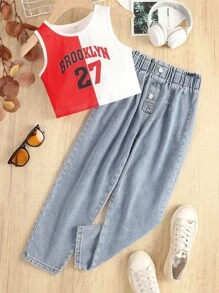 女大童字母圖案雙色背心上衣和紙袋腰牛仔褲 - 彩色 - 查看 1