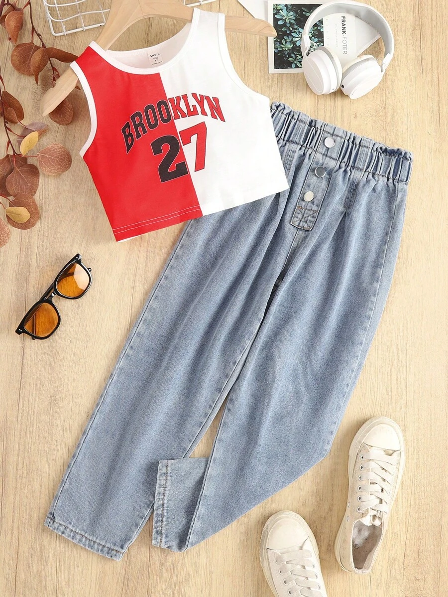女大童字母圖案雙色背心上衣和紙袋腰牛仔褲 - 彩色 - 查看 1