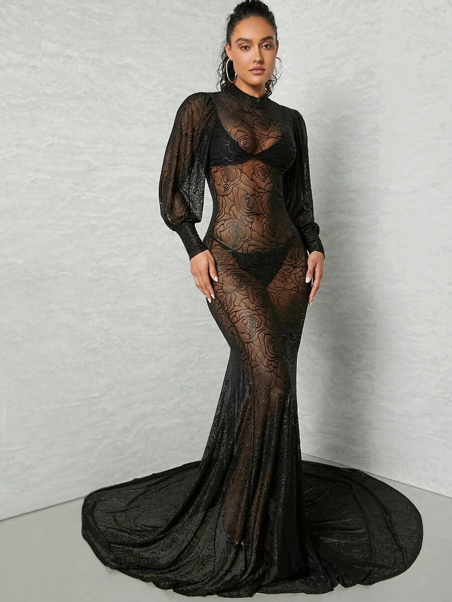 Hauture Floral Mesh Mermaid Hem Dress - Black - View 1
