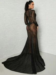 Hauture Floral Mesh Mermaid Hem Dress - Black - View 2