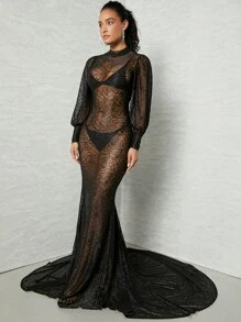 Hauture Floral Mesh Mermaid Hem Dress - Black - View 3