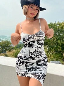 SHEIN ICON 波普藝術圖案褶邊吊帶緊身連衣裙 - 黑與白 - 查看 3