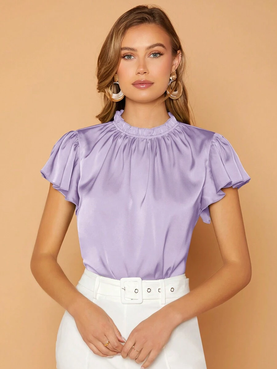 SHEIN Privé 褶邊領蝴蝶袖緞面襯衫 - 紫丁香色 - 查看 1