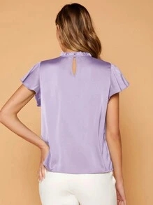 SHEIN Privé 褶邊領蝴蝶袖緞面襯衫 - 紫丁香色 - 查看 2