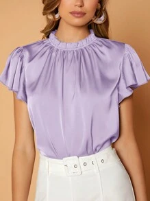 SHEIN Privé 褶邊領蝴蝶袖緞面襯衫 - 紫丁香色 - 查看 3