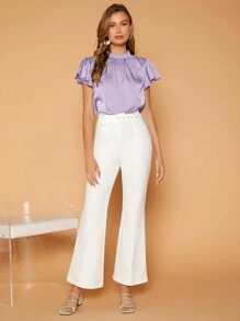 SHEIN Privé 褶邊領蝴蝶袖緞面襯衫 - 紫丁香色 - 查看 5